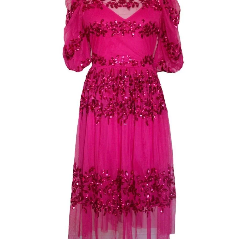 Sequin Hot Pink Midi Spring Dress